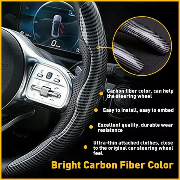 Universal carbon fiber snap-on steering wheel cover by Belro, showcasing a sleek, textured design on a car steering wheel.