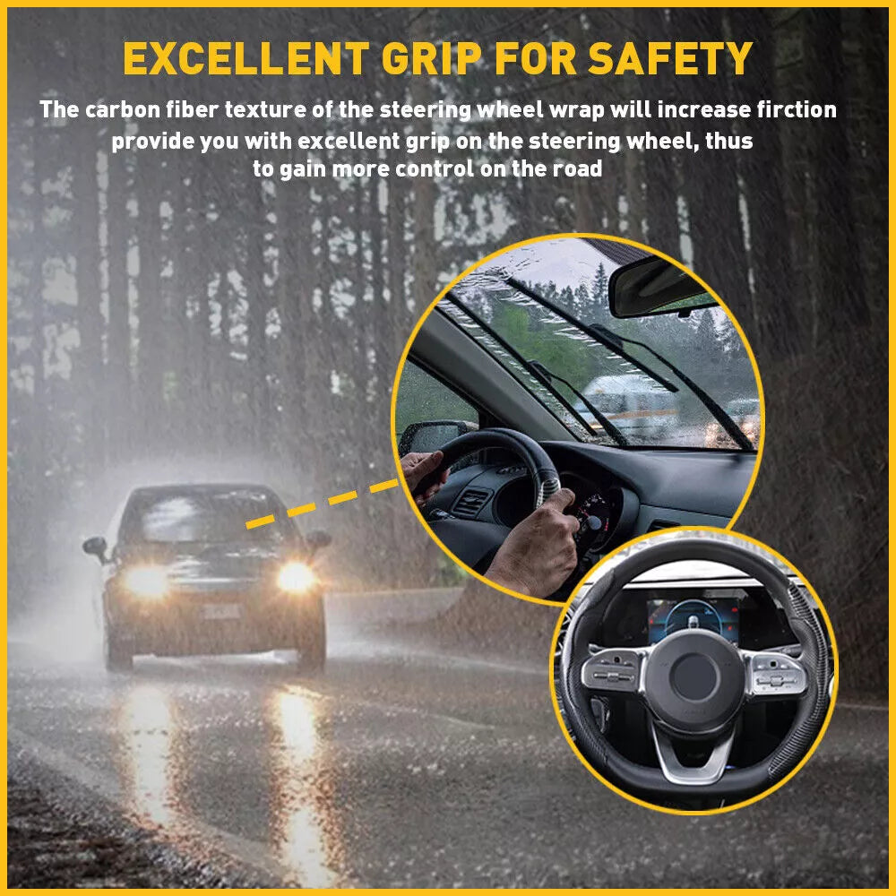 Universal carbon fiber snap-on steering wheel cover by Belro, featuring a textured, non-slip design for enhanced grip.