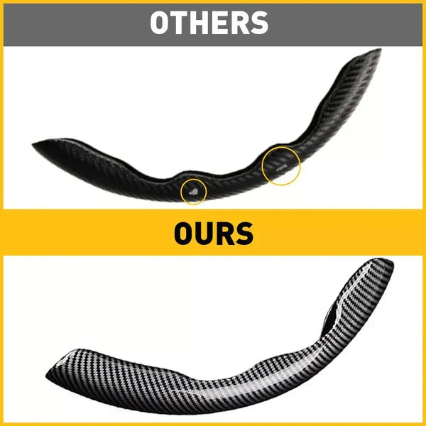 Universal carbon fiber-style snap-on steering wheel cover by Belro, featuring a segmented, non-slip design for a secure grip.