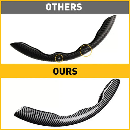 Universal carbon fiber-style snap-on steering wheel cover by Belro, featuring a segmented, non-slip design for a secure grip.