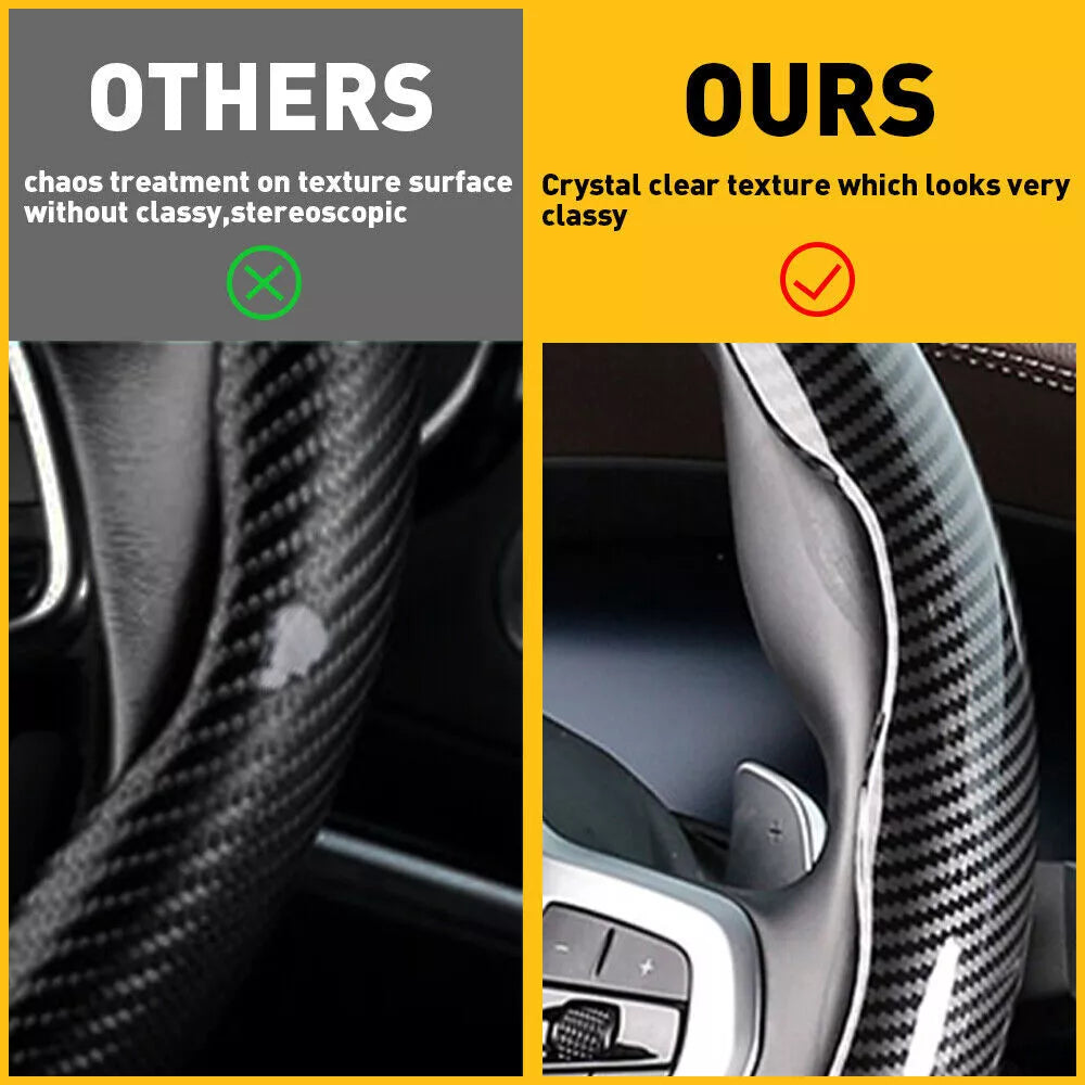 Universal carbon fiber snap-on steering wheel cover by Belro, featuring a textured, non-slip design for car wheel grip.