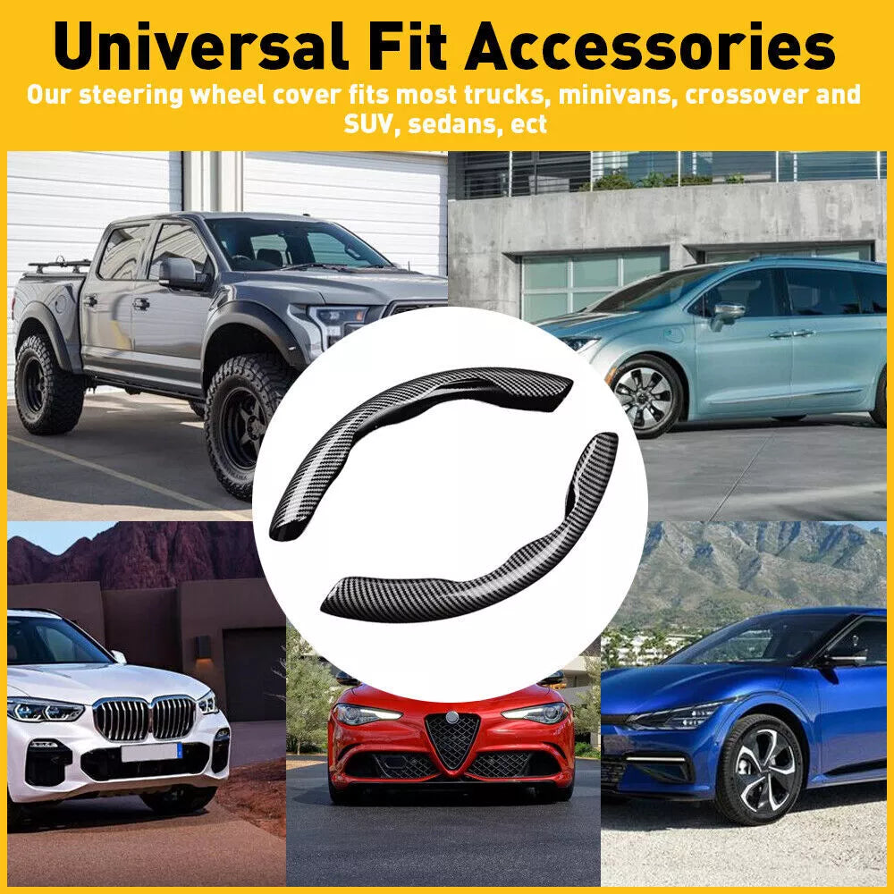 Belro universal carbon fiber snap-on steering wheel cover with segmented, non-slip design for enhanced grip and style.