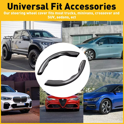 Belro universal carbon fiber snap-on steering wheel cover with segmented, non-slip design for enhanced grip and style.