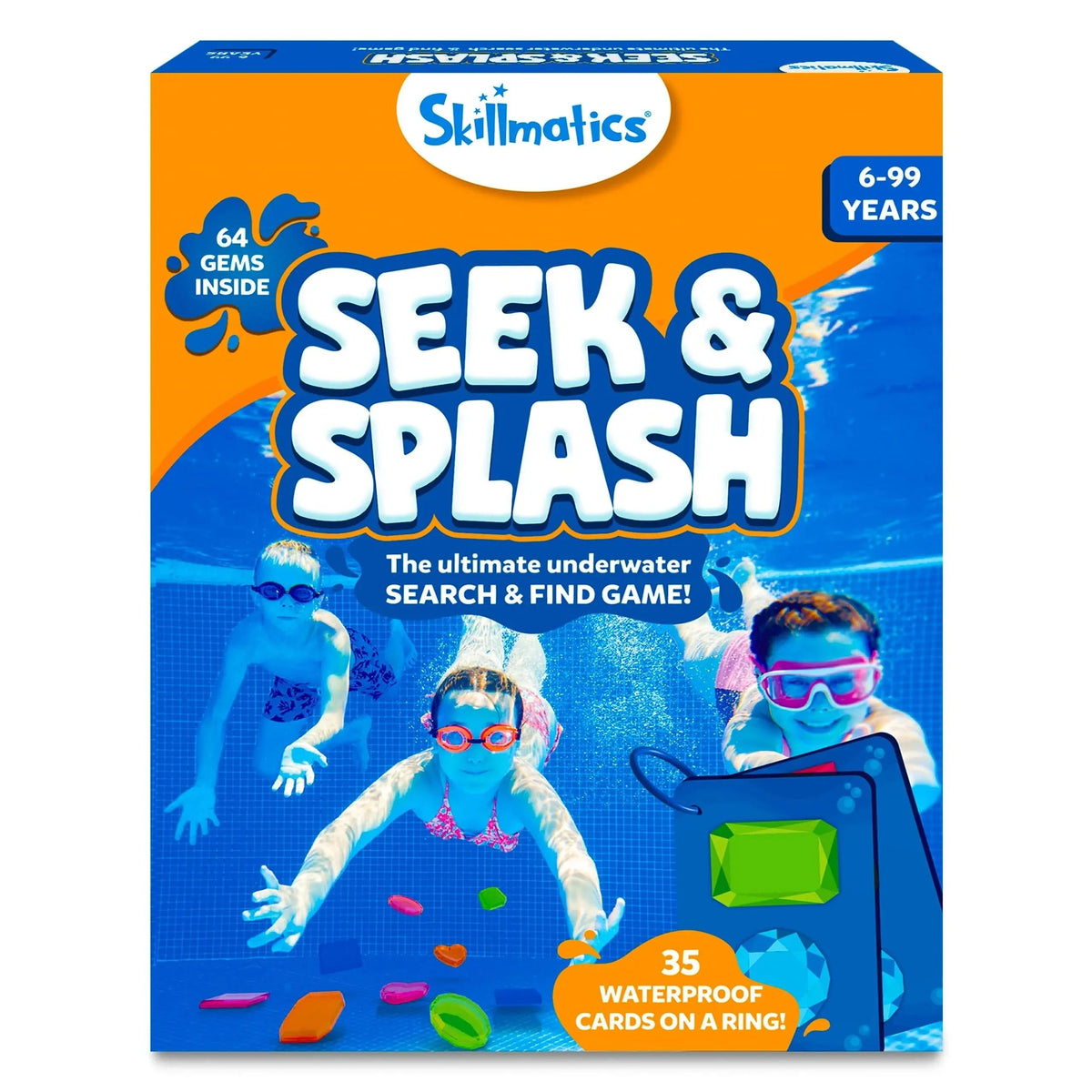 Underwater pool treasure hunt game by Mivoza with waterproof gems, cards, and diving tools for family water fun.