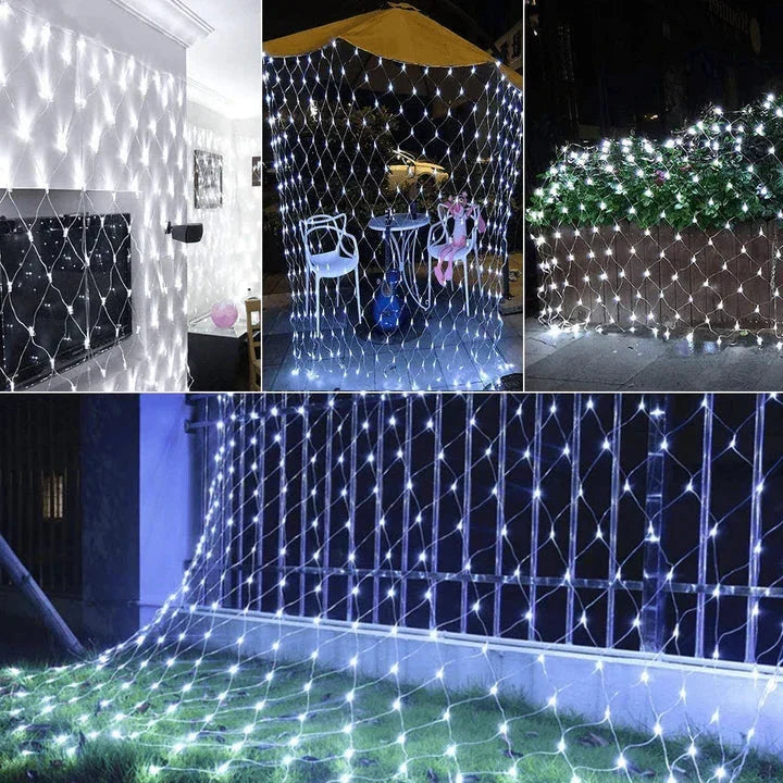 Belro LED net lights for outdoor home and garden decoration, showing a grid of colorful glowing LED lights.