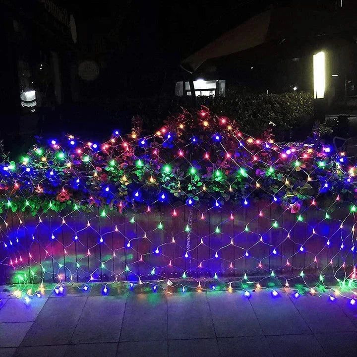 Belro LED net lights for outdoor home and garden decor, with rows of bright LED bulbs on a black net background