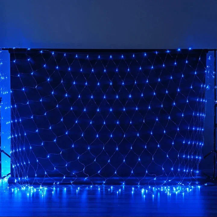 Belro LED net lights for outdoor home and garden decorating, featuring a grid of bright, energy-efficient LED bulbs.