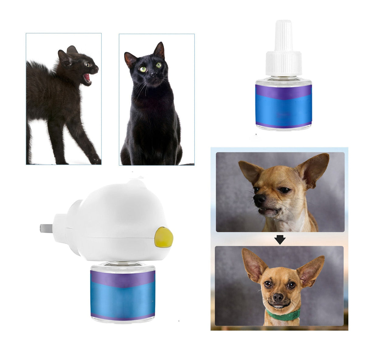 Belro Pet Calming Spray Diffuser in a sleek white design with a diffuser nozzle, used for aromatherapy to soothe pets.