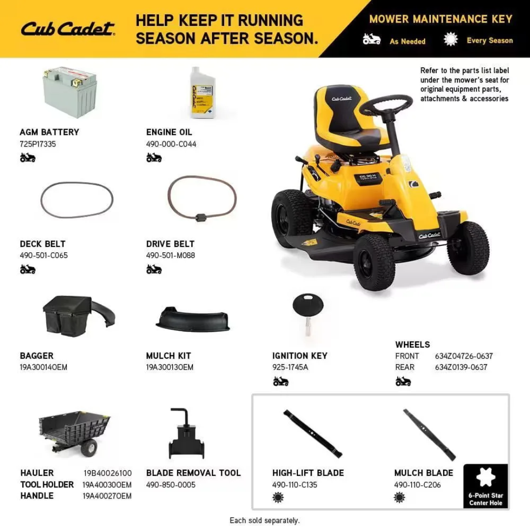 Cub Cadet 30-inch lawn tractor with 10.5 HP Briggs & Stratton engine and hydrostatic drive, rear engine for efficient mowing.