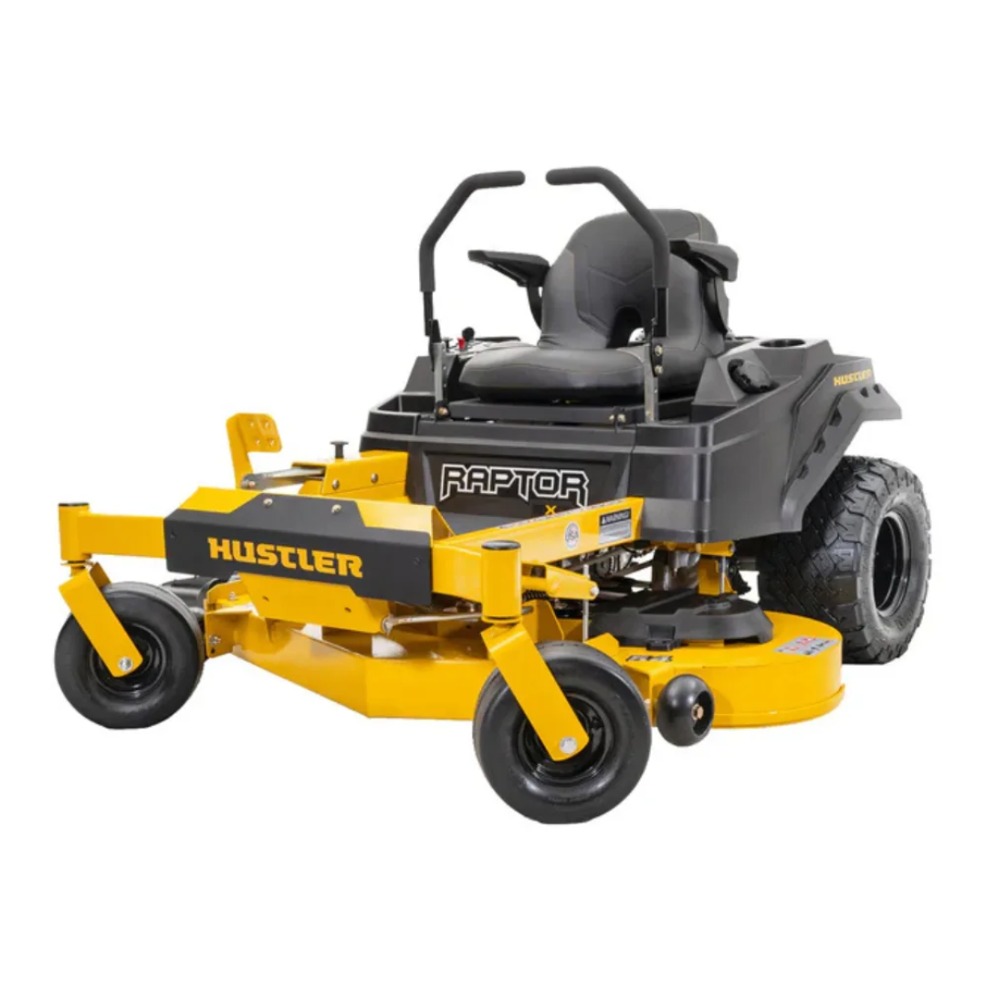 Hustler Raptor X zero-turn mower with 42-inch deck, Kawasaki FR600 18hp engine, shown in a yard setting.