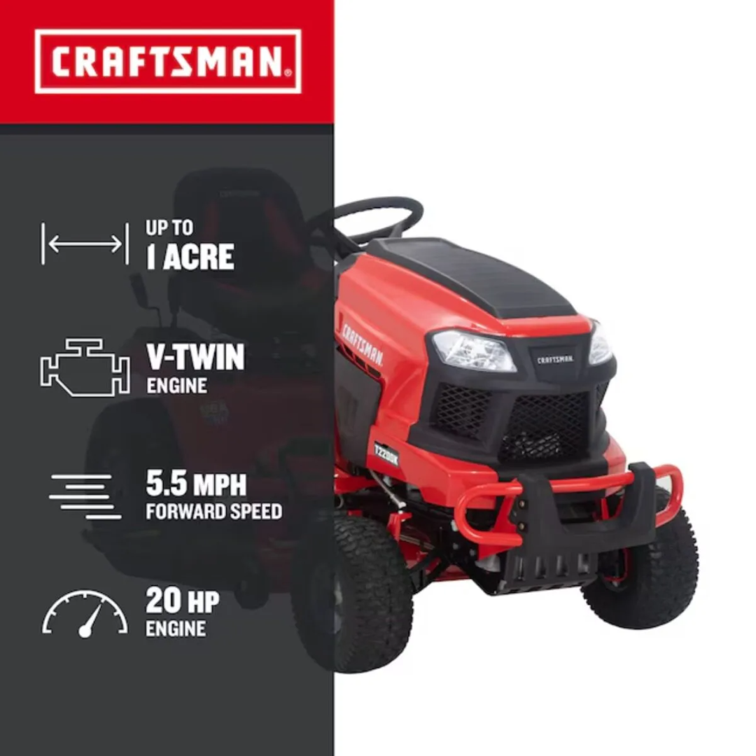 Casavibeo Craftsman 42-inch 20-HP V-twin riding lawn mower with large cutting deck and comfortable seat.