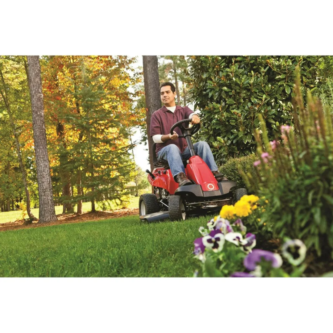 Casavibeo Troy-Bilt 30-inch lawn mower with 10.5 HP Briggs and Stratton engine and 6-speed transmission, shown in side view.