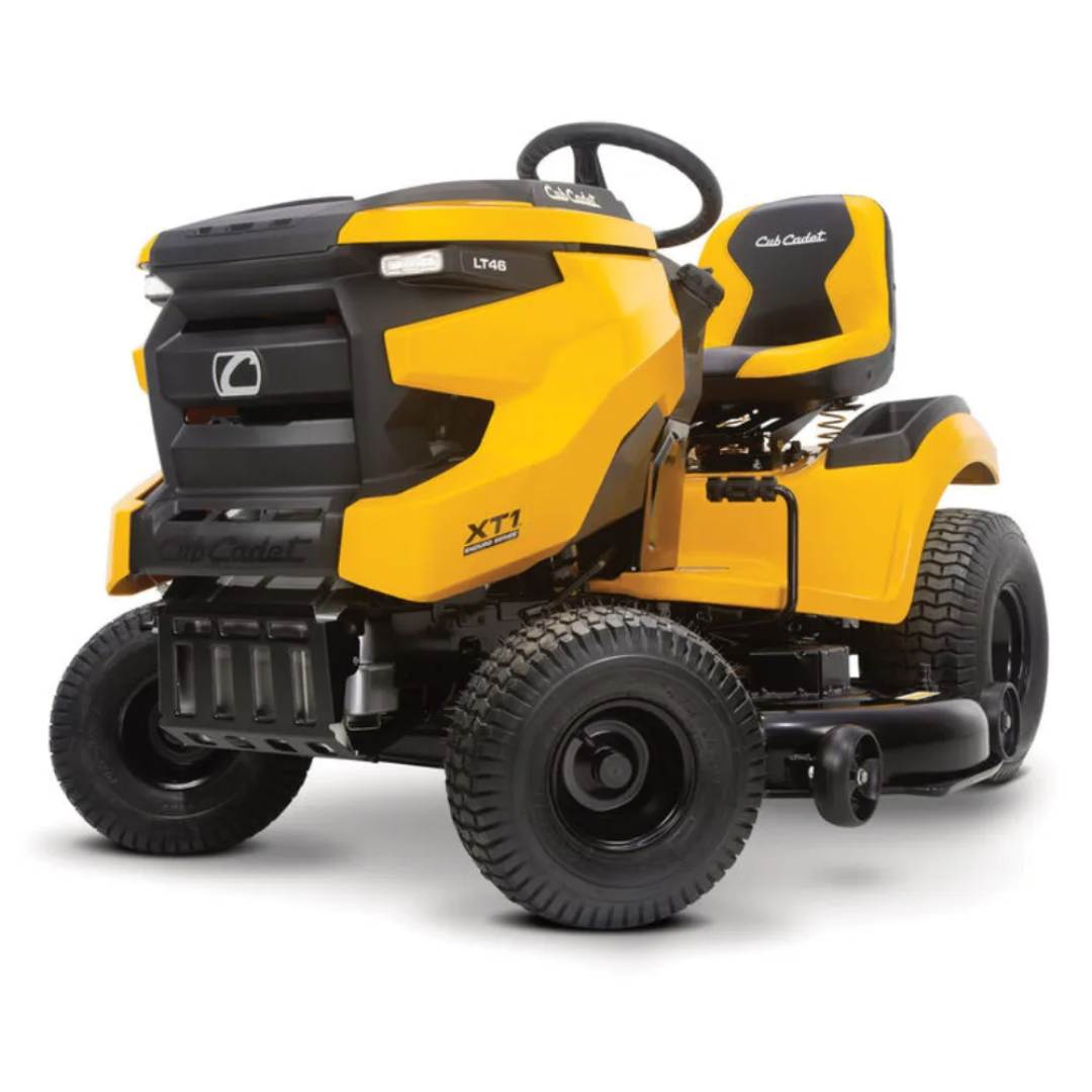 Casavibeo Cub Cadet XT1 LT46 lawn tractor with a cutting deck, steering wheel, and seat, designed for efficient yard mowing.
