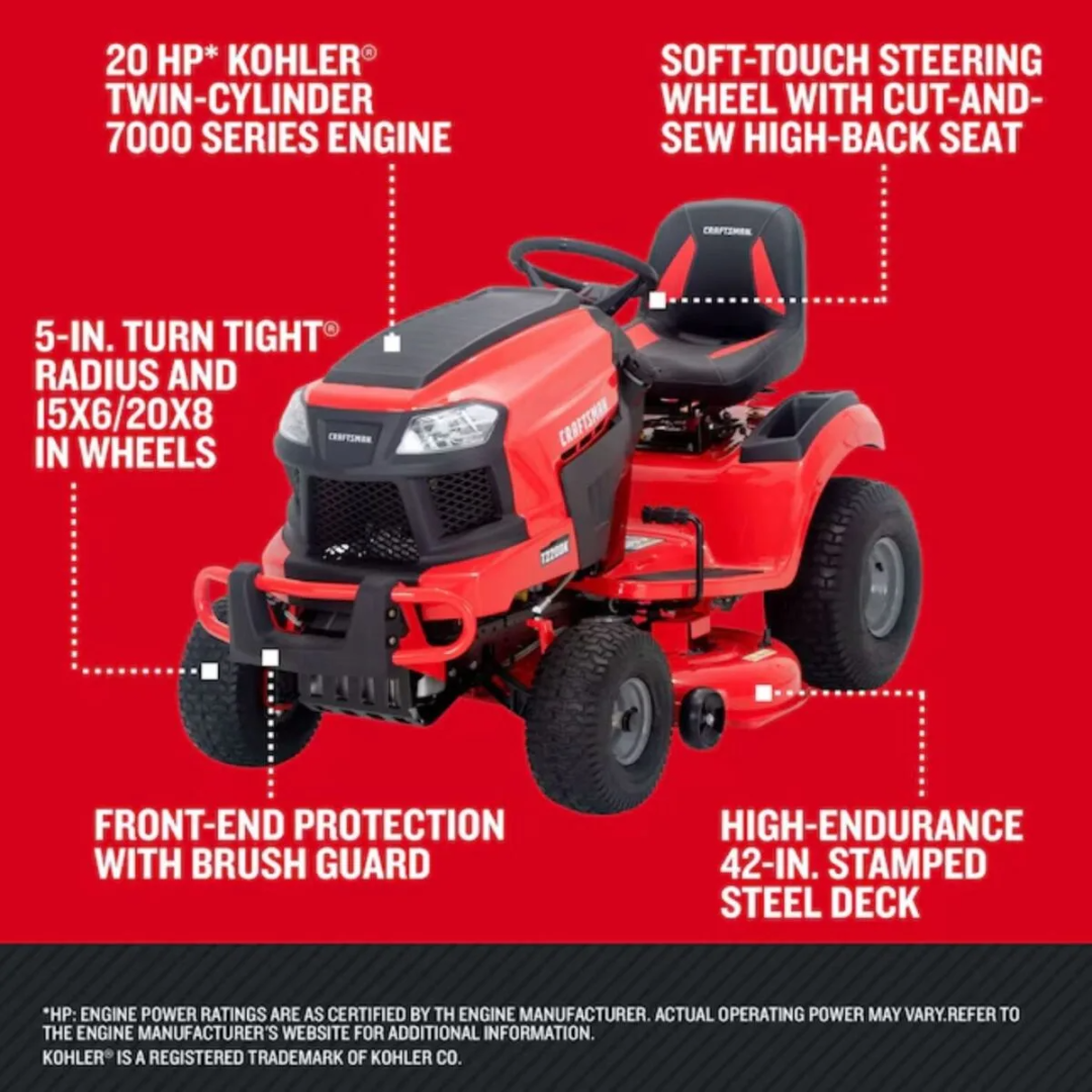 Casavibeo Craftsman 42-inch riding lawn mower with a 20-HP V-twin engine, showing the mower deck and control panel.