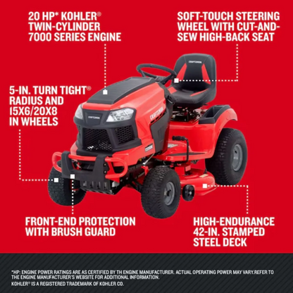 Casavibeo Craftsman 42-inch riding lawn mower with a 20-HP V-twin engine, showing the mower deck and control panel.