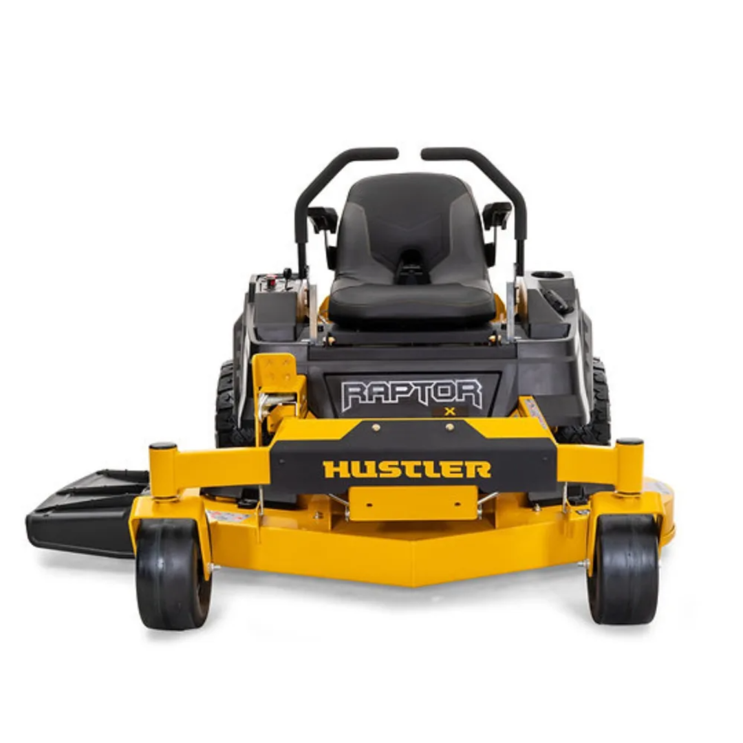 Casavibeo Hustler Raptor X zero-turn mower with 42-inch deck and Kawasaki FR600 18hp engine, shown in a yard setting.