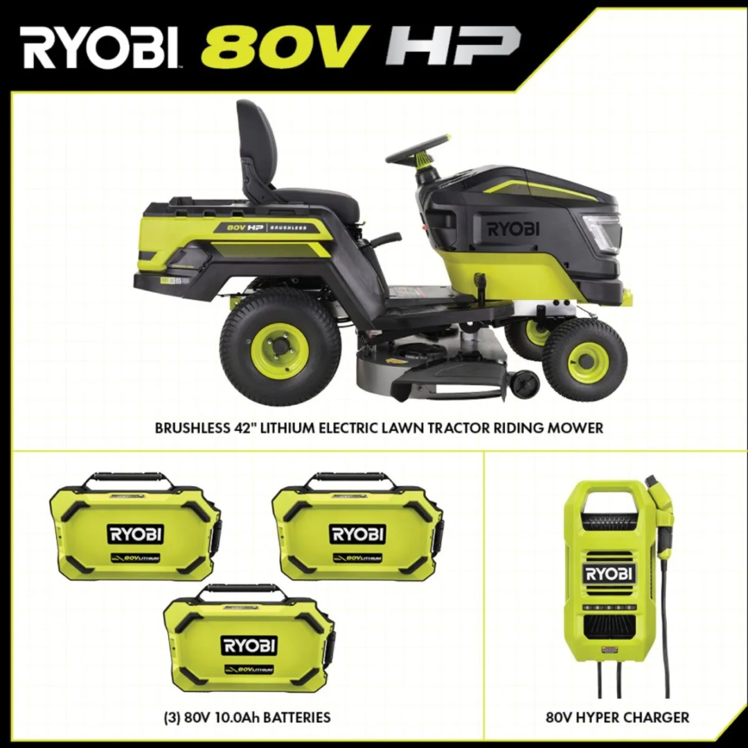Ryobi 80V HP brushless 42-inch battery electric riding lawn tractor with cutting deck and ergonomic seat.