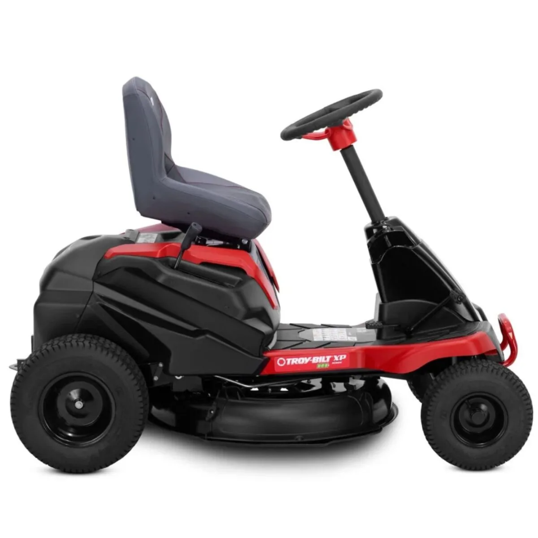 Casavibeo Troy-Bilt TB30E XP 30-inch electric lawn mower with 56-volt lithium-ion battery, showing the mower's cutting deck and controls.