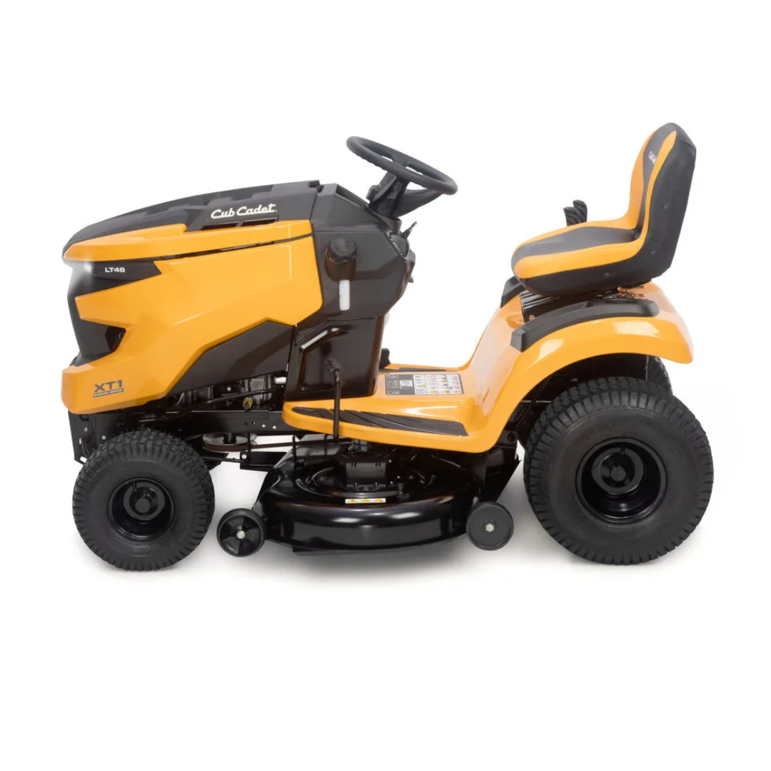 Cub Cadet XT1 LT46 lawn tractor with black and green design, featuring large cutting deck and comfortable seat for yard maintenance.