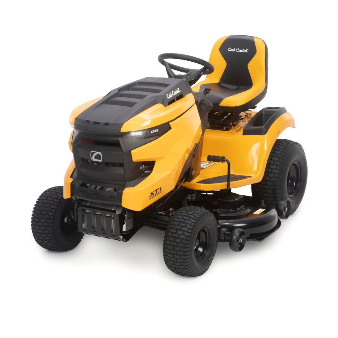 Cub Cadet 46-inch 22 HP gas-powered Enduro Series riding lawn mower with Kohler engine, shown in a yard setting.