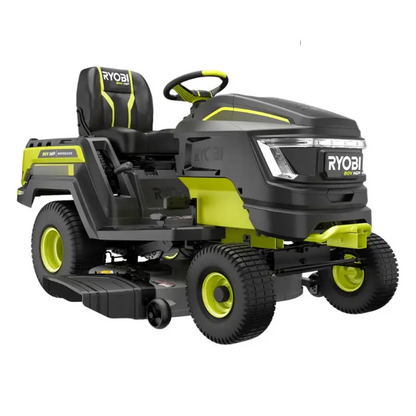 Ryobi 80V HP brushless 42-inch battery electric cordless riding lawn tractor, shown with cutting deck and control panel.