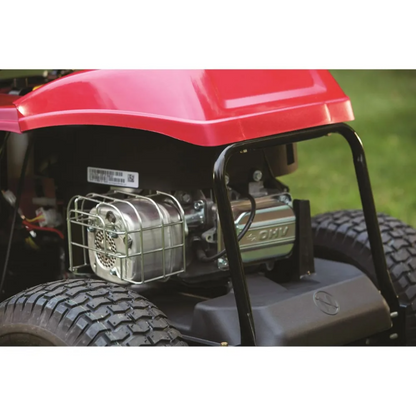 Troy-Bilt 30-inch lawn mower with 10.5 HP Briggs and Stratton engine and 6-speed transmission, shown in a clean, outdoor setting.