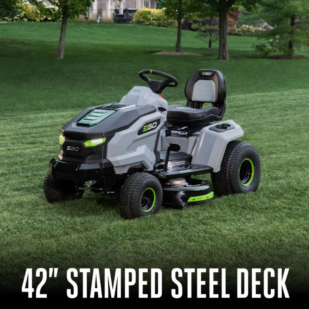 Casavibeo EGO Power+ T6 TR4204 42-inch 56V battery riding mower with cutting deck and controls, ready for outdoor lawn care.