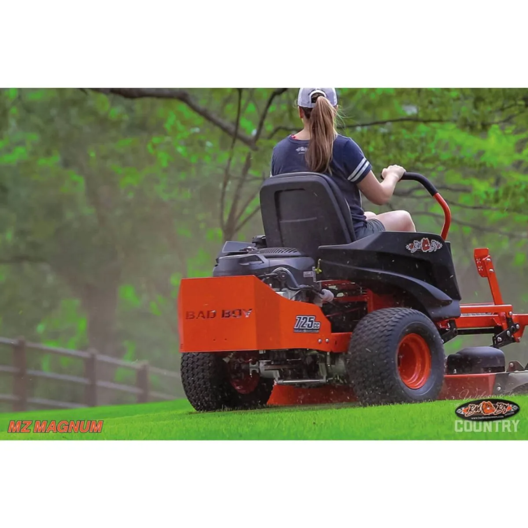 Casavibeo Bad Boy 54-inch 26 HP Gas-Powered MZ Magnum Zero-Turn Lawn Mower, black and silver with cutting deck and control panel