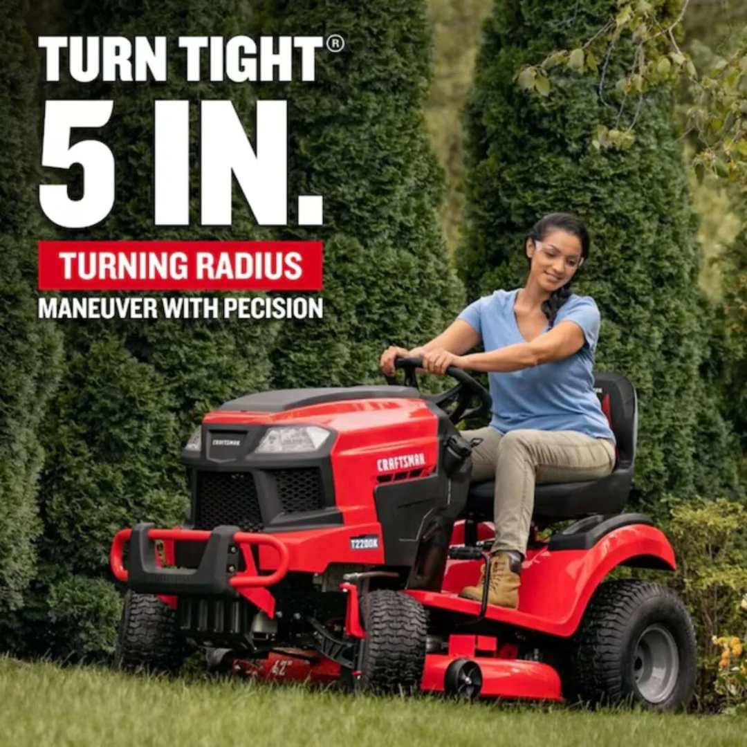Craftsman 42-inch riding lawn mower with a 20-HP V-twin engine, shown in a clean outdoor yard setting.
