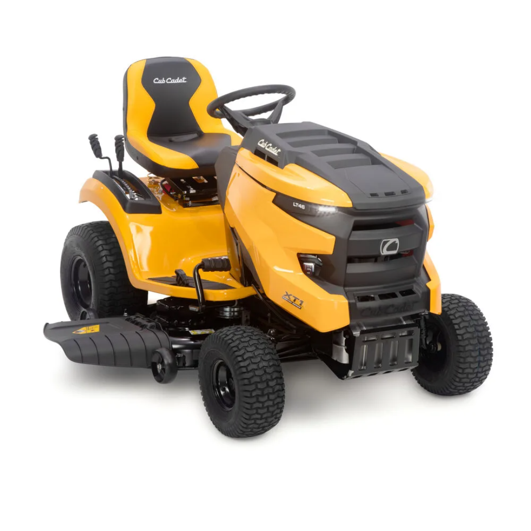 Cub Cadet 46-inch 22 HP gas-powered Enduro Series riding lawn mower with Kohler engine, shown in a yard setting.