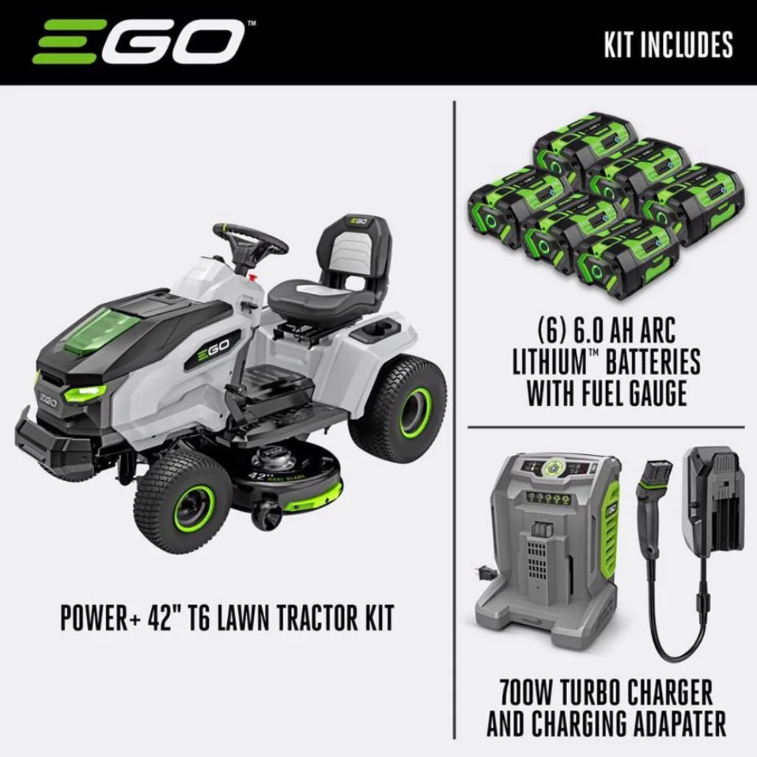 Casavibeo EGO Power+ T6 TR4204 42-inch 56V battery riding mower with cutting deck and ergonomic seat, ready for outdoor lawn care.