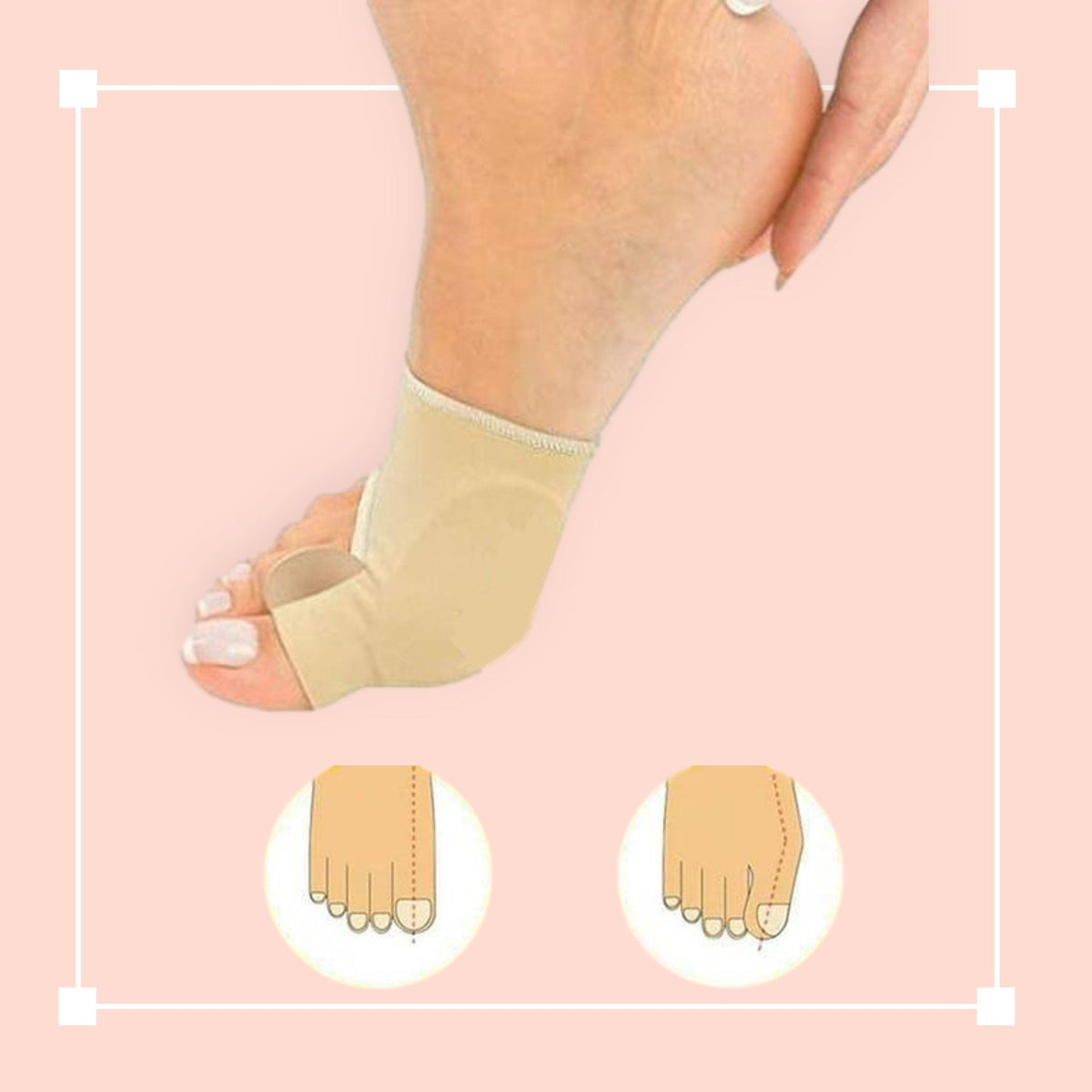 Belro orthopedic toe bunion corrector showing a close-up of gel pads and adjustable straps on a foot for bunion relief.