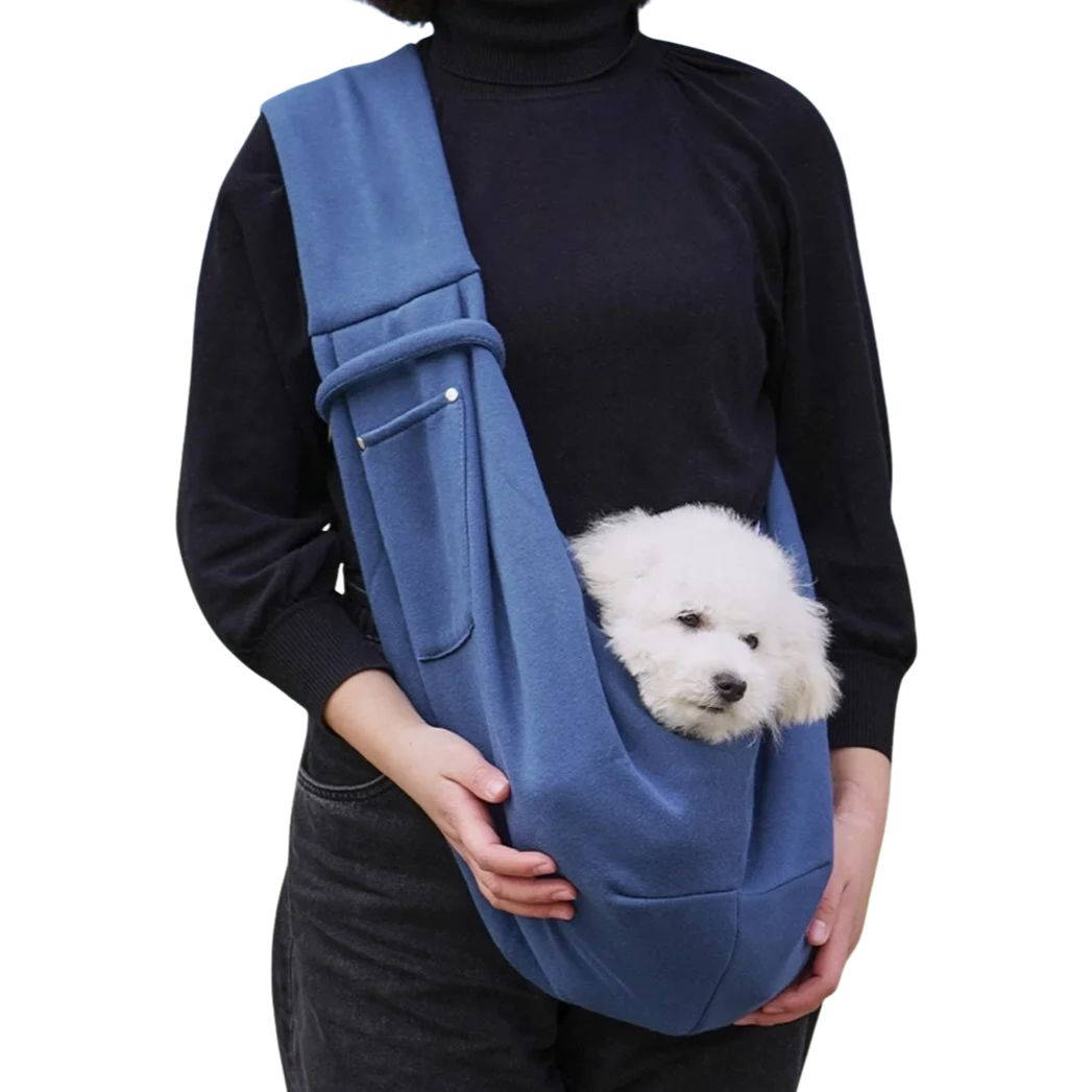 Belro dog carrier sling designed for automotive use, showing a comfortable, adjustable pet carrier for car travel.