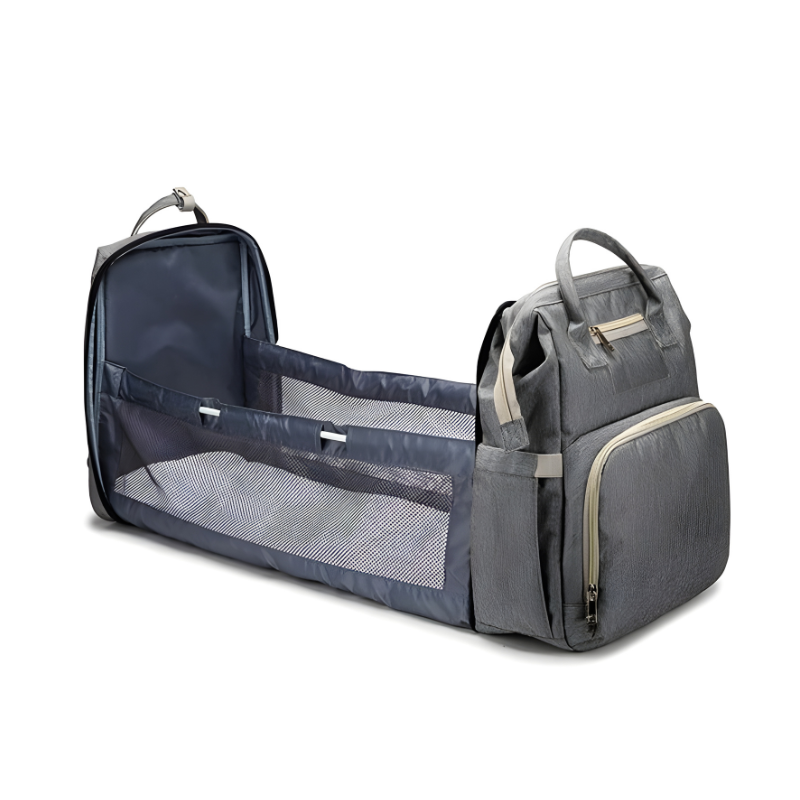 Belro changing bag with integrated baby cot, travel-friendly design, durable fabric, and multiple compartments for parents on the go.