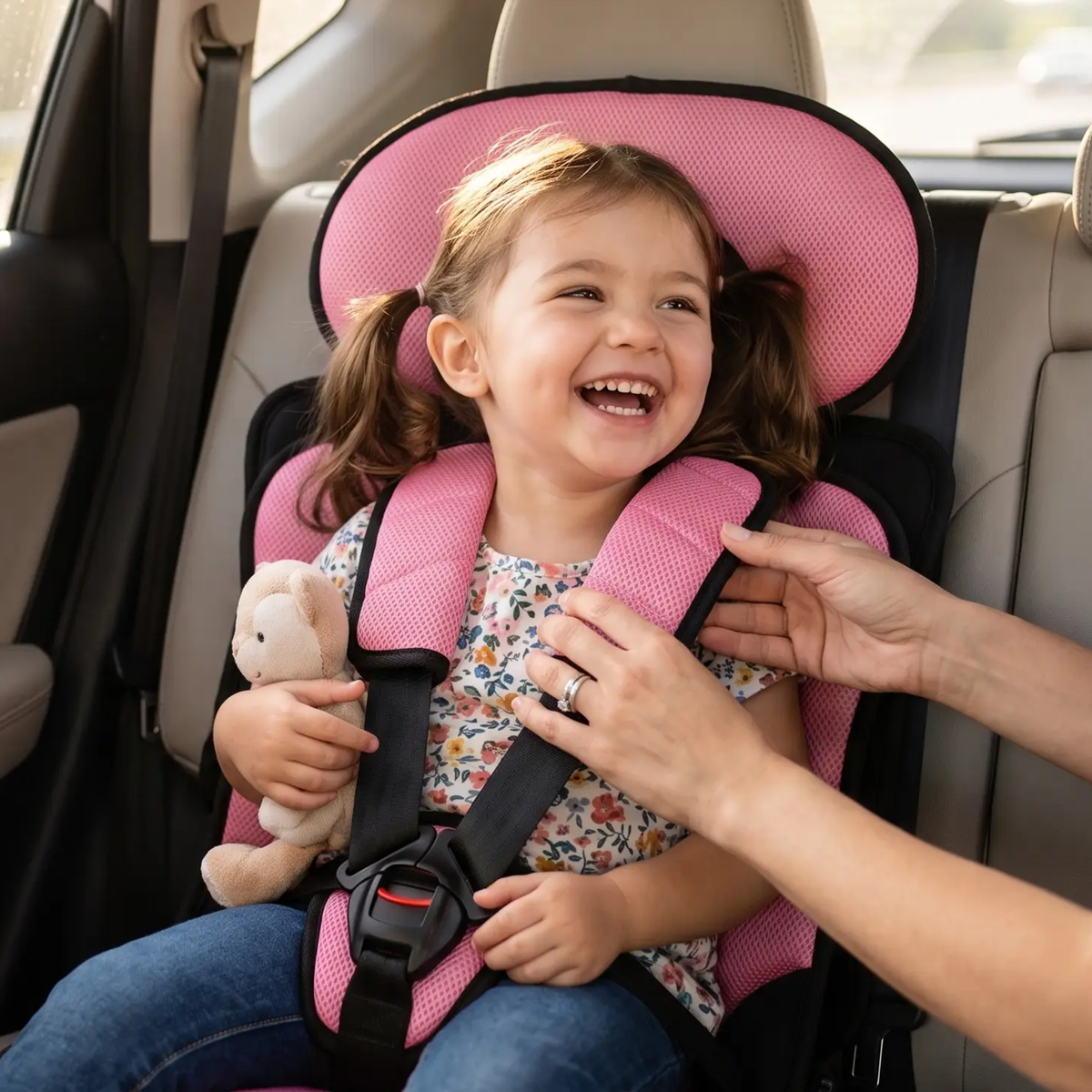 Foldable BowLift portable child car booster seat with compact design for travel safety and easy transport.