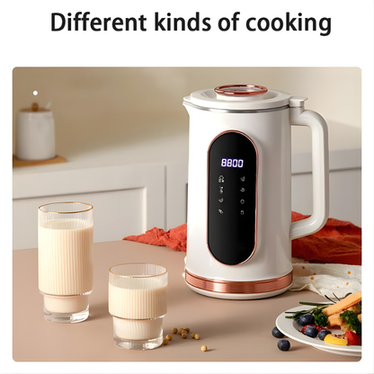 Belro nut milk maker on kitchen countertop, showing the appliance with a glass of nut milk and fresh nuts nearby.