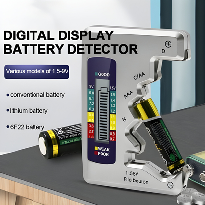 Belro Universal Digital Battery Tester displaying digital readout and test results on a compact electronic device.