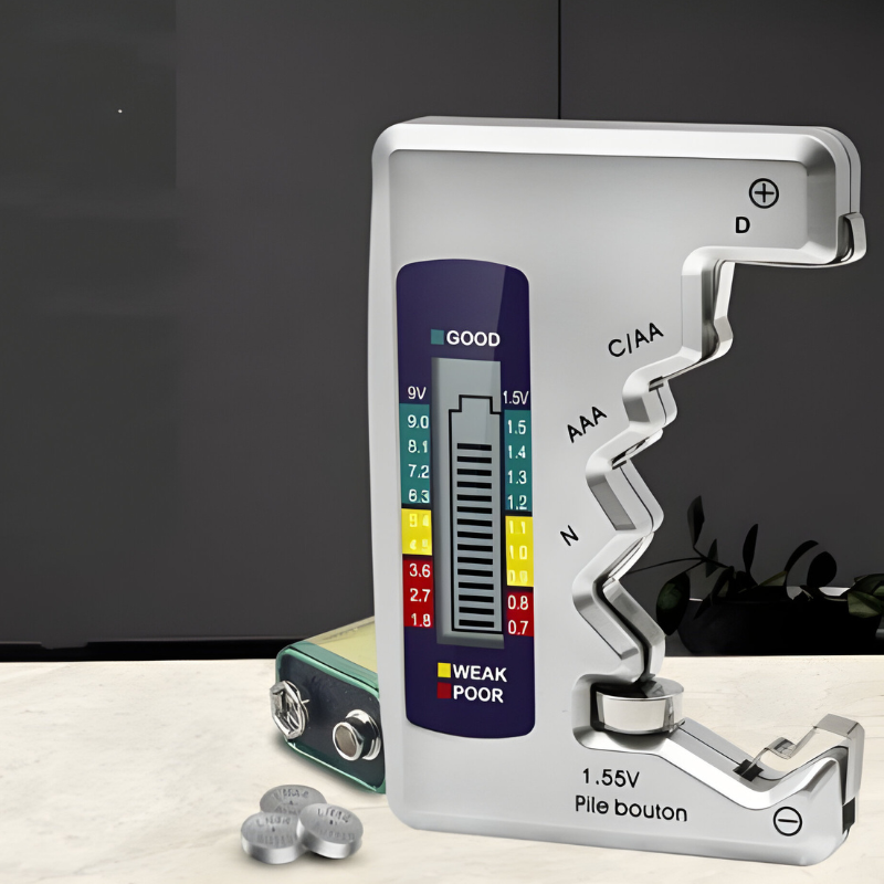 Belro universal digital battery tester displaying battery voltage and status on a clear digital screen.