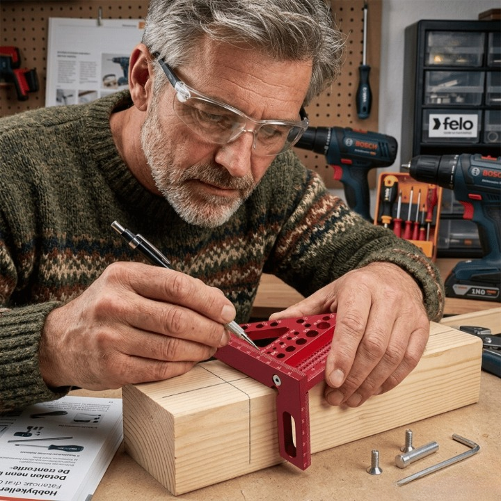 Mivoza aluminium woodworking square for drilling guide holes and measuring 90° and 45° angles in carpentry projects.