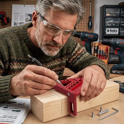 Mivoza aluminium woodworking square for drilling guide holes and measuring 90° and 45° angles in carpentry projects.