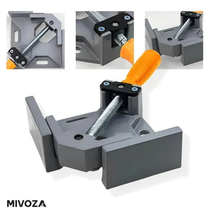 Mivoza Deutschland 90° aluminium corner clamp for woodworking, holding perfect right angles during assembly or gluing.