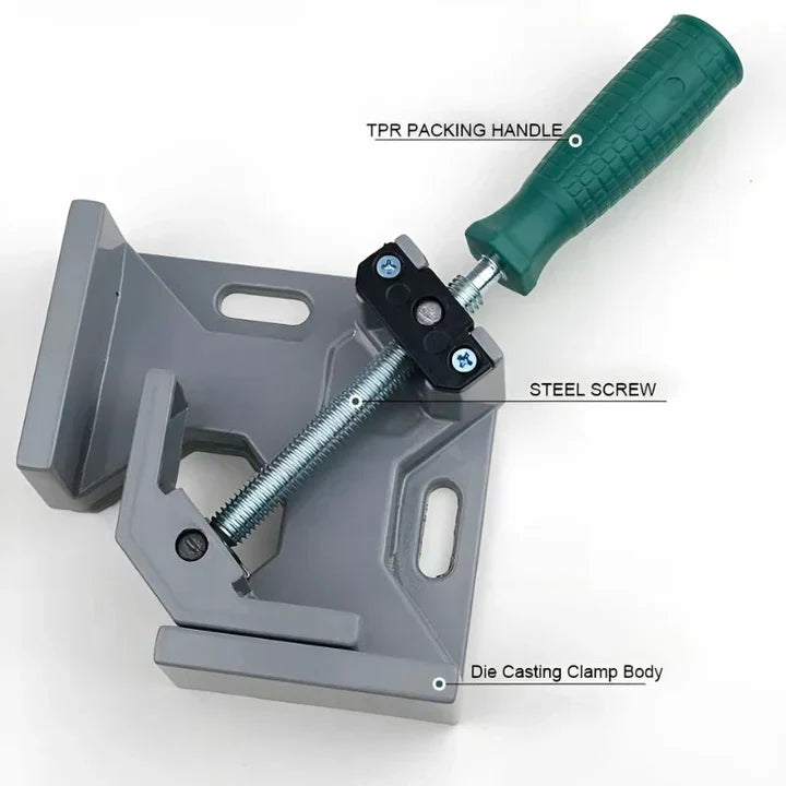 Mivoza Deutschland 90° aluminium corner clamp for woodworking, holds materials at perfect right angles during assembly.