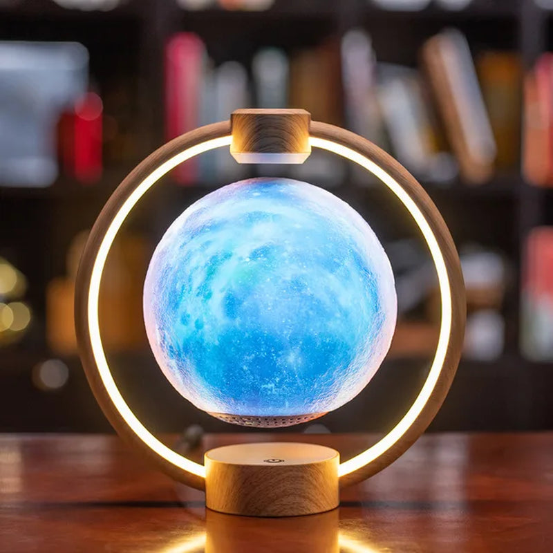 Multicolor Belro levitating lantern glowing with vibrant colors, floating above a sleek black base, modern night light for ambiance.
