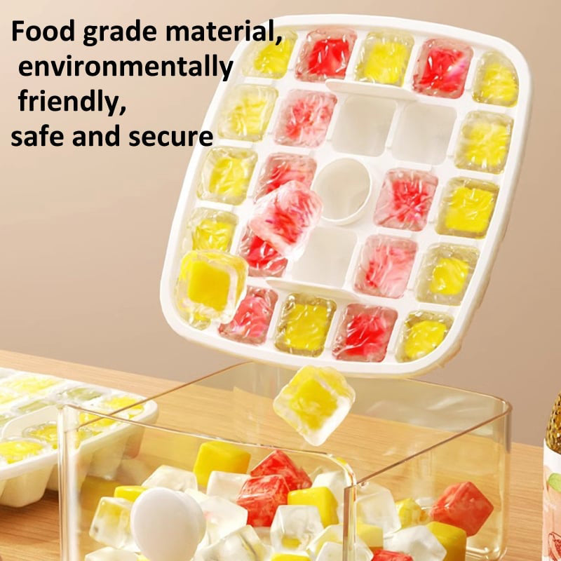 Belro 2-Stage Push In Ice Cube Tray for home kitchen, showing clear silicone tray with frozen ice cubes ready to use