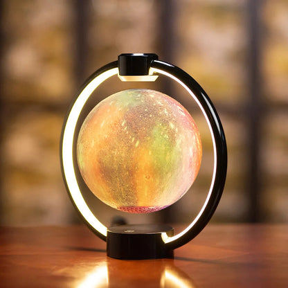 Multicolor Belro levitating lantern glowing with vibrant colors, floating above a sleek surface in a modern night light setting.