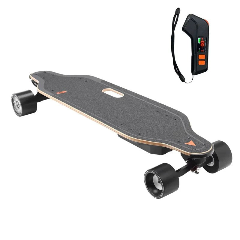 Casavibeo MEEPO V5 electric skateboard showing its deck, wheels, and trucks on a smooth surface.