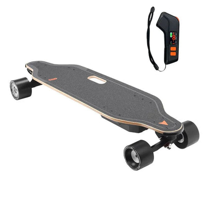 Casavibeo MEEPO V5 electric skateboard showing its deck, wheels, and trucks on a smooth surface.