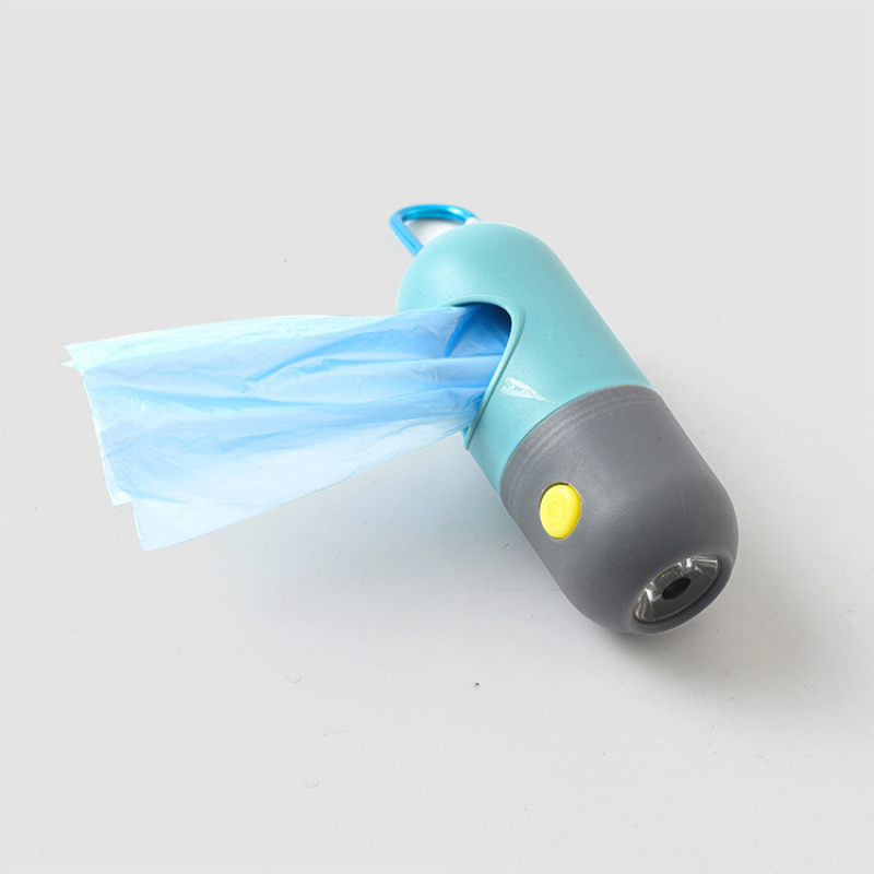 Belro Poop Pickup Bag Holder attached to a flashlight, portable lighting tool for outdoor convenience and waste collection.