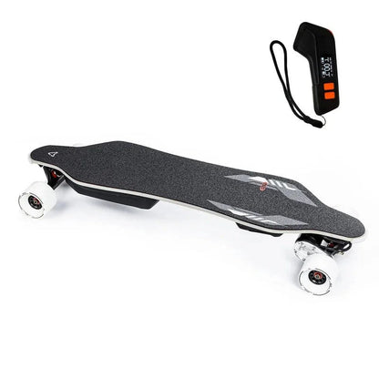 Casavibeo Meepo Voyager X electric skateboard with free Cyclone 107s rubber wheels, showing the deck and wheel details.