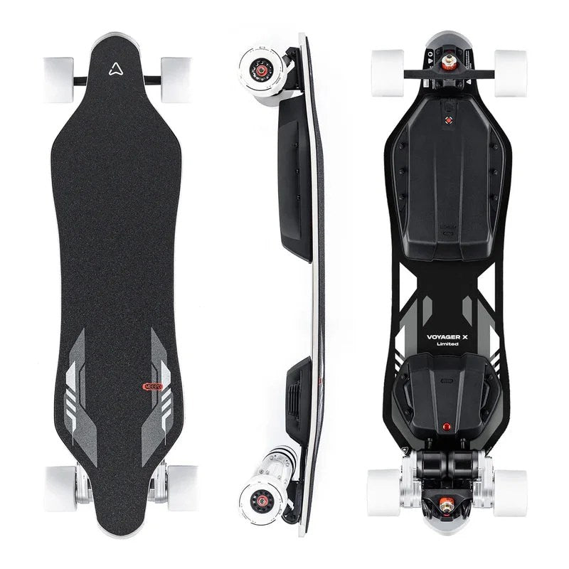 Casavibeo Meepo Voyager X electric skateboard with free Cyclone 107s rubber wheels, showcasing deck, trucks, and wheels.